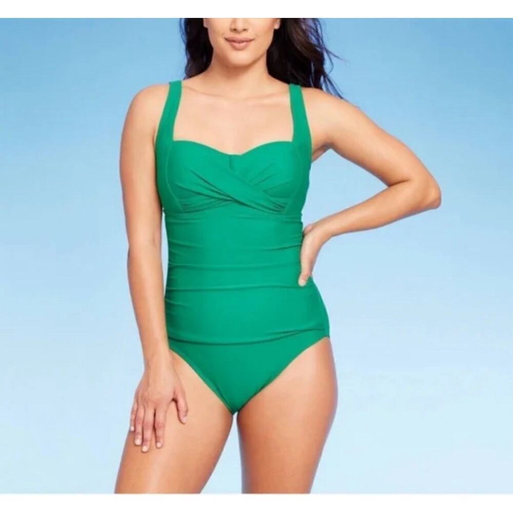 Kona Sol Green Textured Square Neck High Coverage One Piece Swimsuit Women's